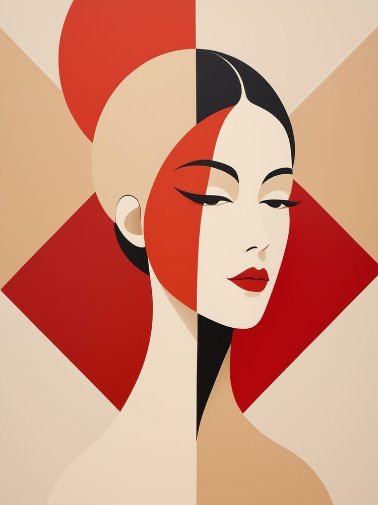 Chinese Woman Abstract red and beige Art