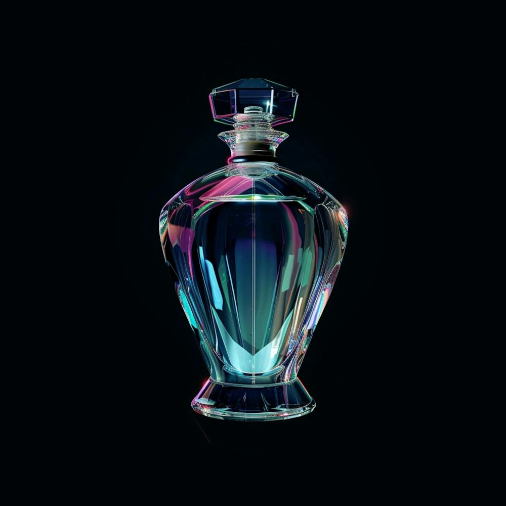 Semitransparent Digital Hologram Of A Beautiful And Colorful Perfume Bottle, Projected Over A Completely Blank, Black Background