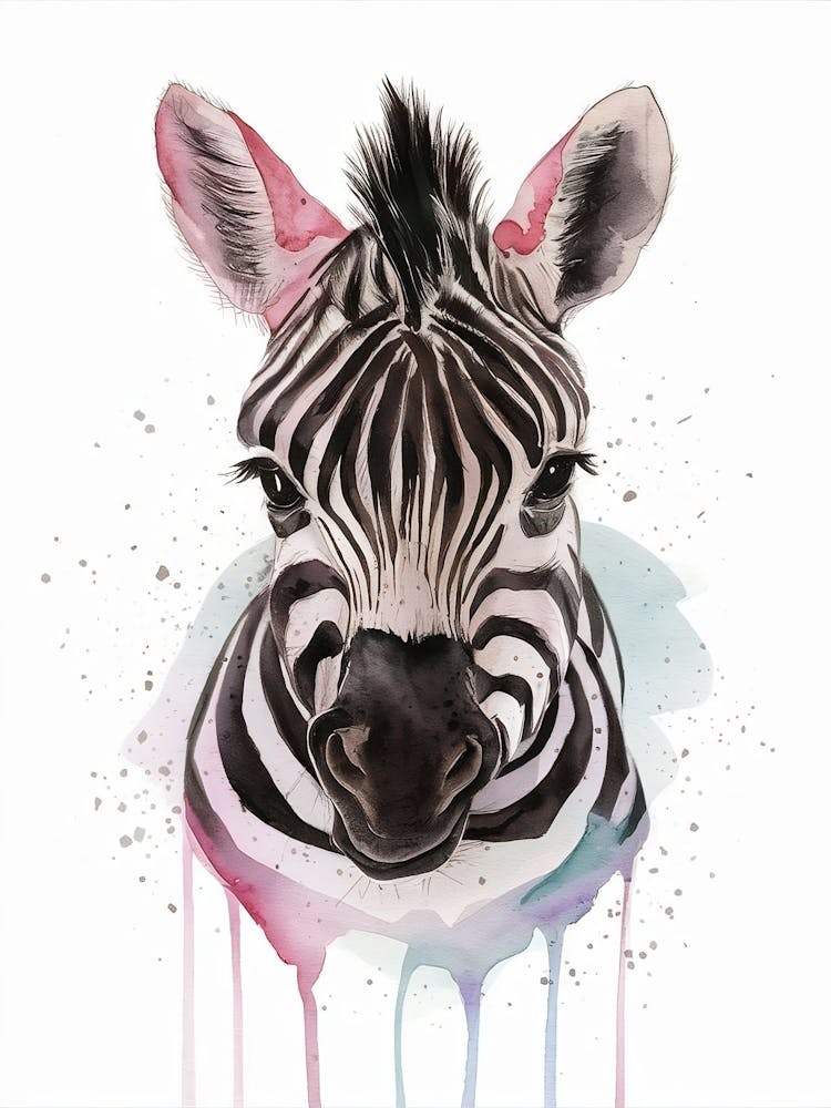 Portrait of Baby Zebra Watercolor Nursery Art