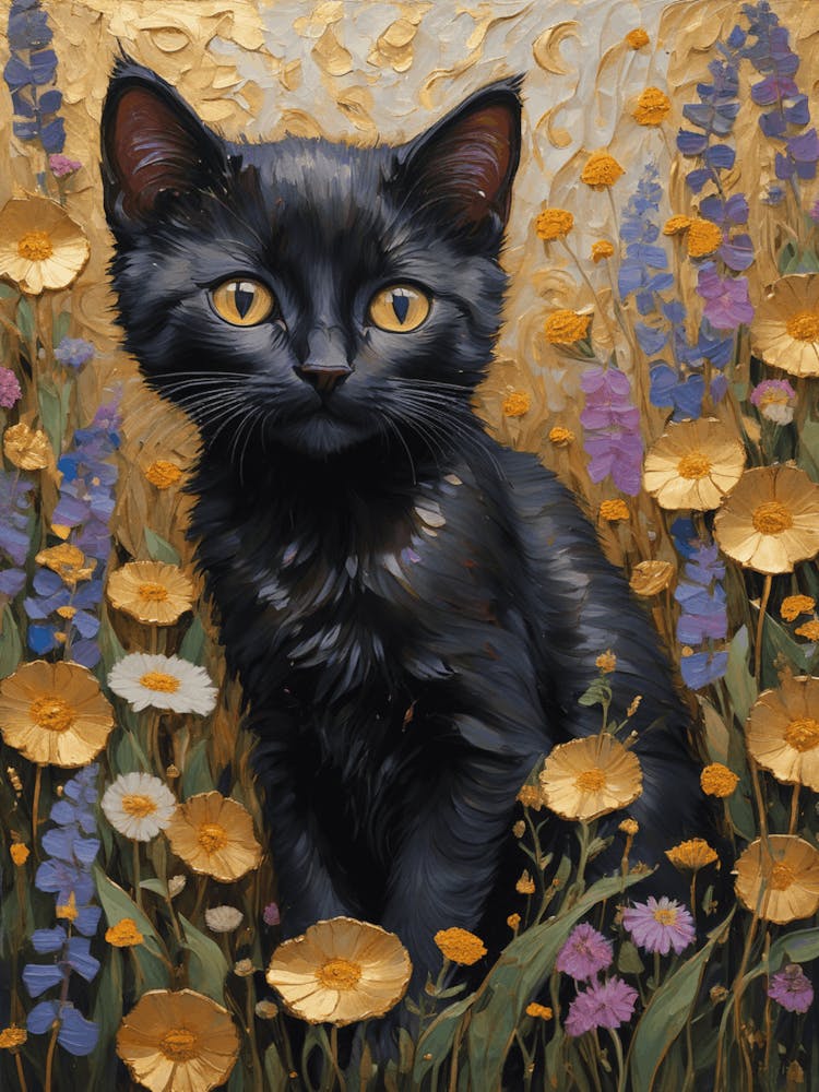 Klimt Style Black Kitten Cat in English Garden Wild Flowers Gold Leaf Painting - Gustav Klimt Monet Waterlillies HD High Resolution Poppies