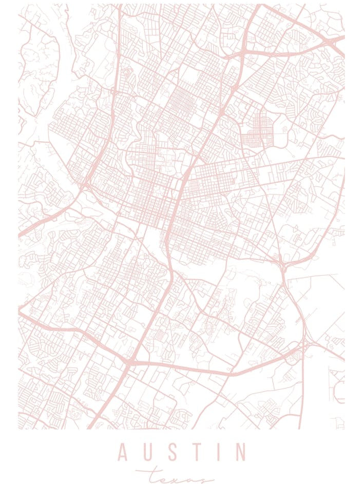 Austin Texas Light Pink Minimal Street Map