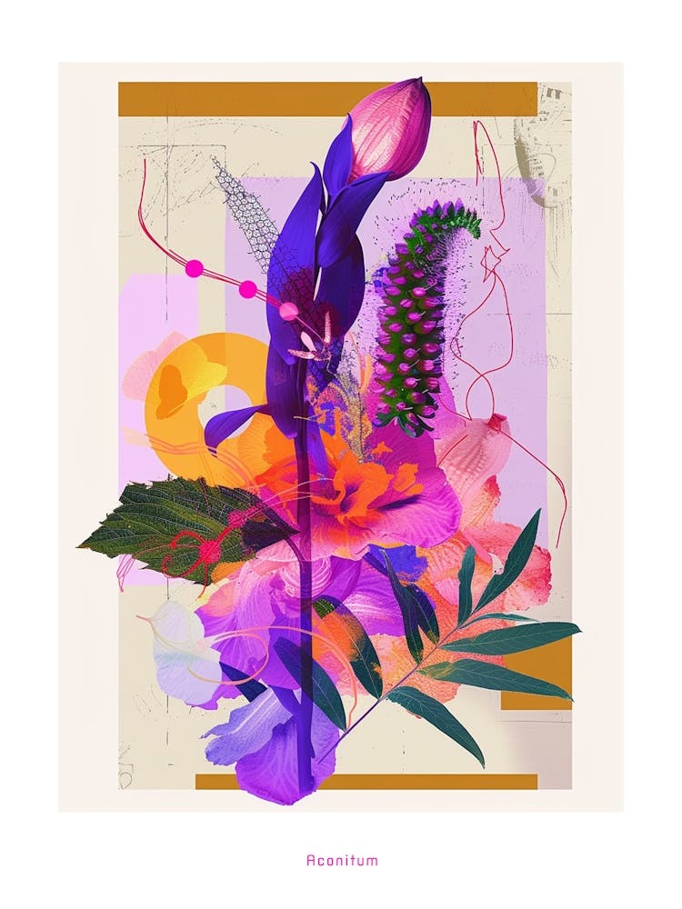 Aconitum 2 Neon Flower Collage Poster