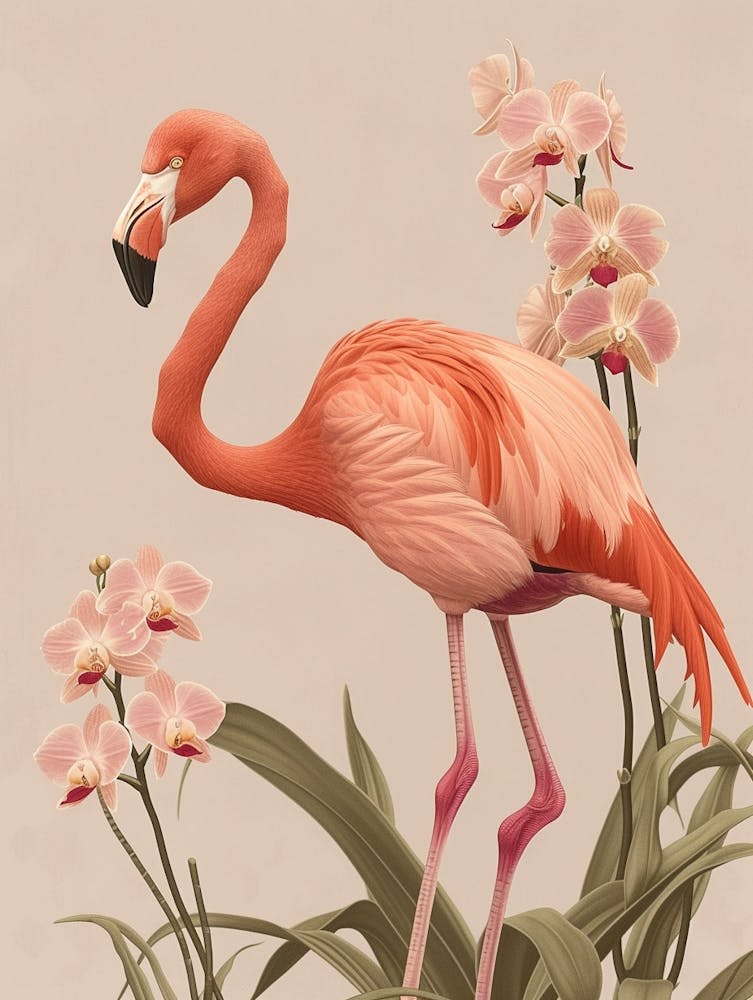 American Flamingo And Orchids Minimalist Illustration 2