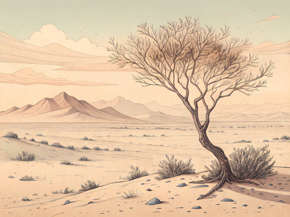 Retro Vintage Style A Quiet Desert Scene With A Si