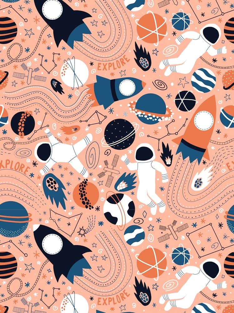 Explore Outer Space - Peach, Navy, Black and Orange Universe Kids