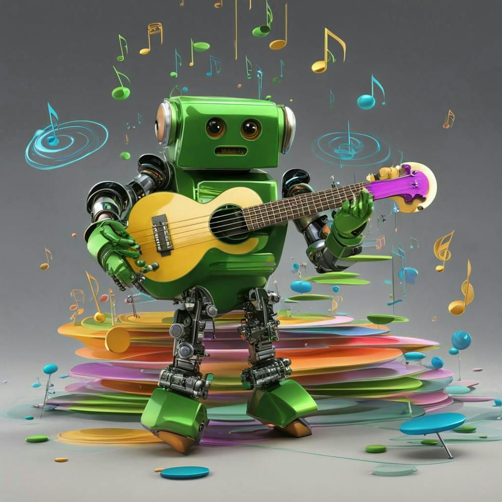 Green Robot Playing A Yellow Guitar