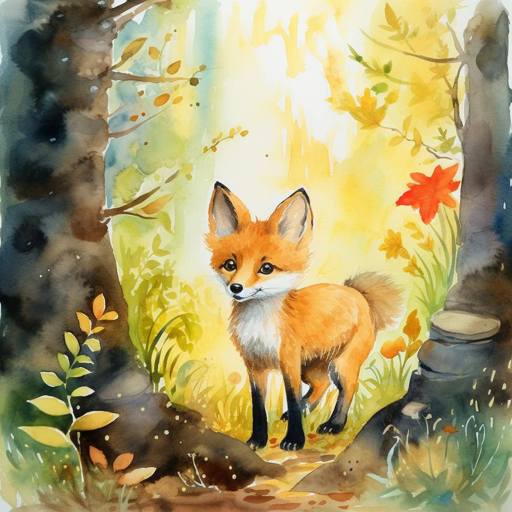 Watercolor fox in the forest