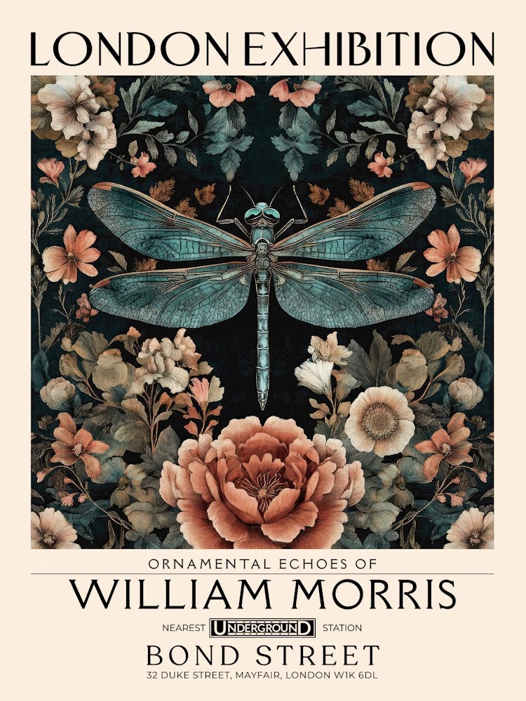 William Morris Dragonfly and floral artwork in Warm earth tones, insect and flower pattern dark academia library Botanical vintage print, living room vintage decor Floral tapestry Victorian nature art 12