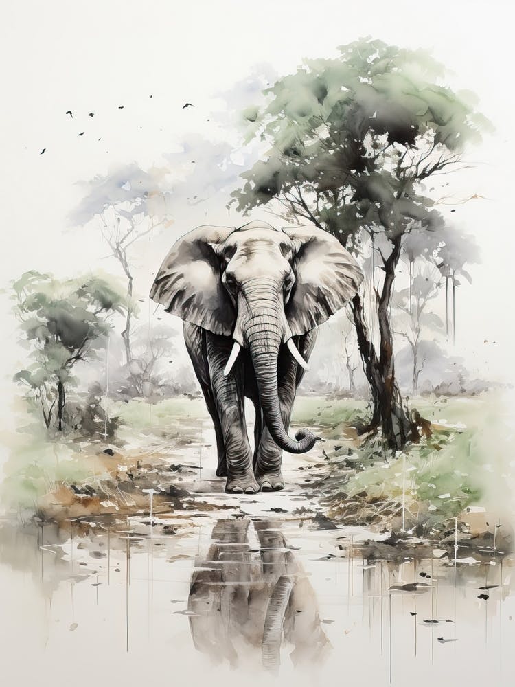 Elephant, Japanese Brush Painting, Ukiyo E, Minimal 4