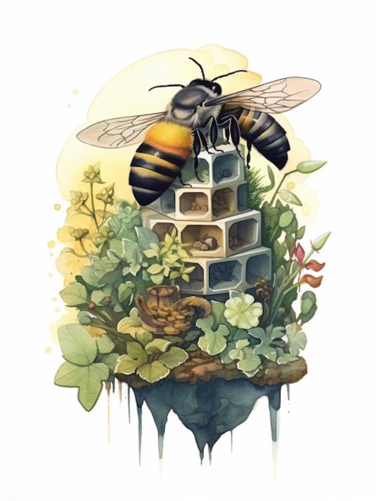 Little Carpenter Bee Beehive Watercolour Illustration 3