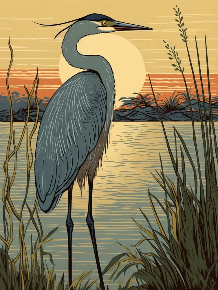 Vintage Bird Linocut Egret 4