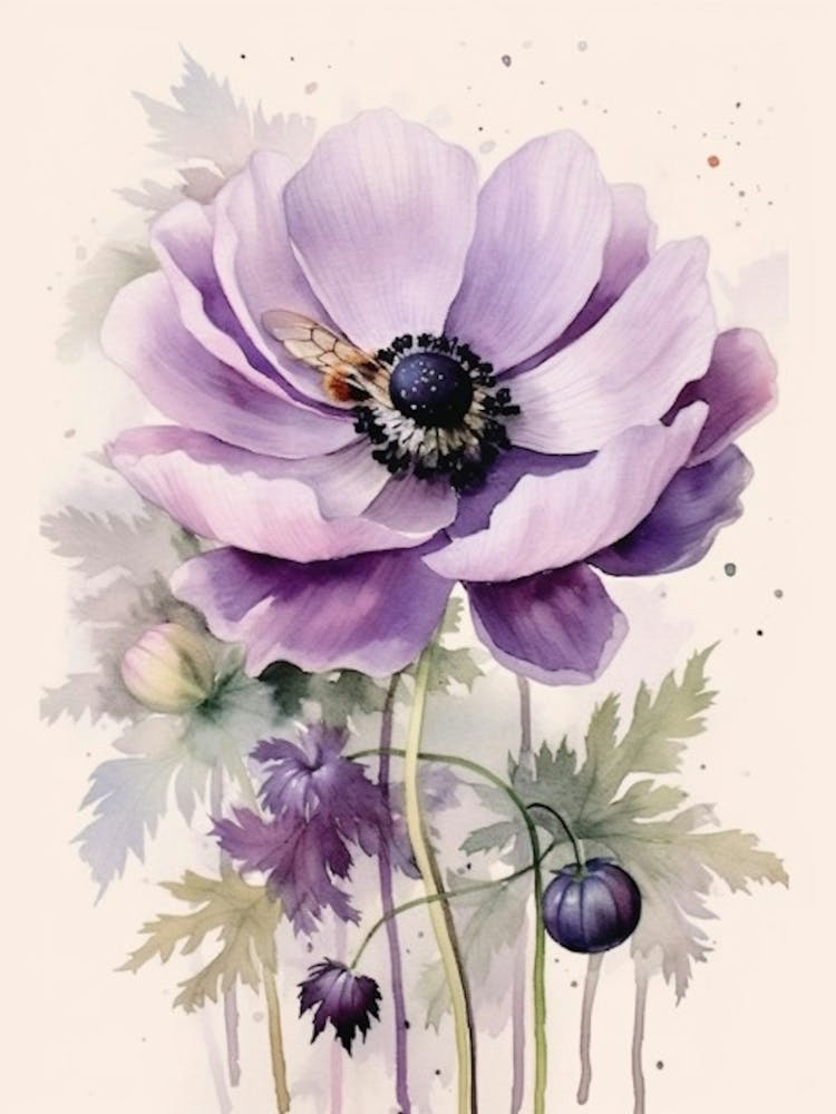 Beehive With Anemone Flower Watercolour Illustration 1