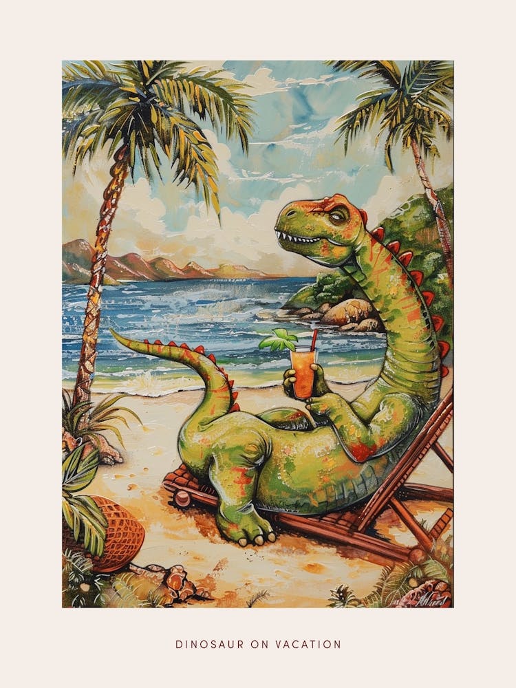 Dinosaurier auf Sonnenliege mit Cocktail - Malerei 2 Poster