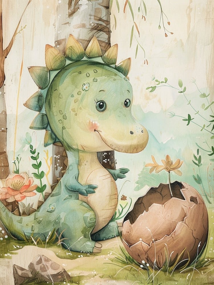 Baby Dinosaur Hatching From An Egg Storybook Style 1