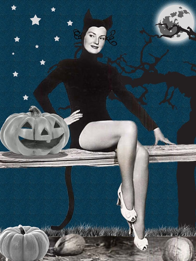 Young Pinup Cat Girl Sitting On A Fence With Pumpkin