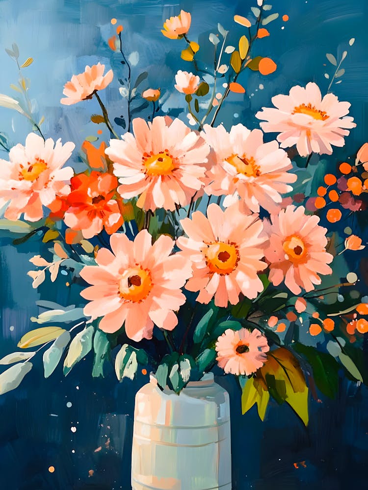 Elegant Floral Painting Peach Daisy Bouquet In Vase, Impressionist Botanical Wall Art
