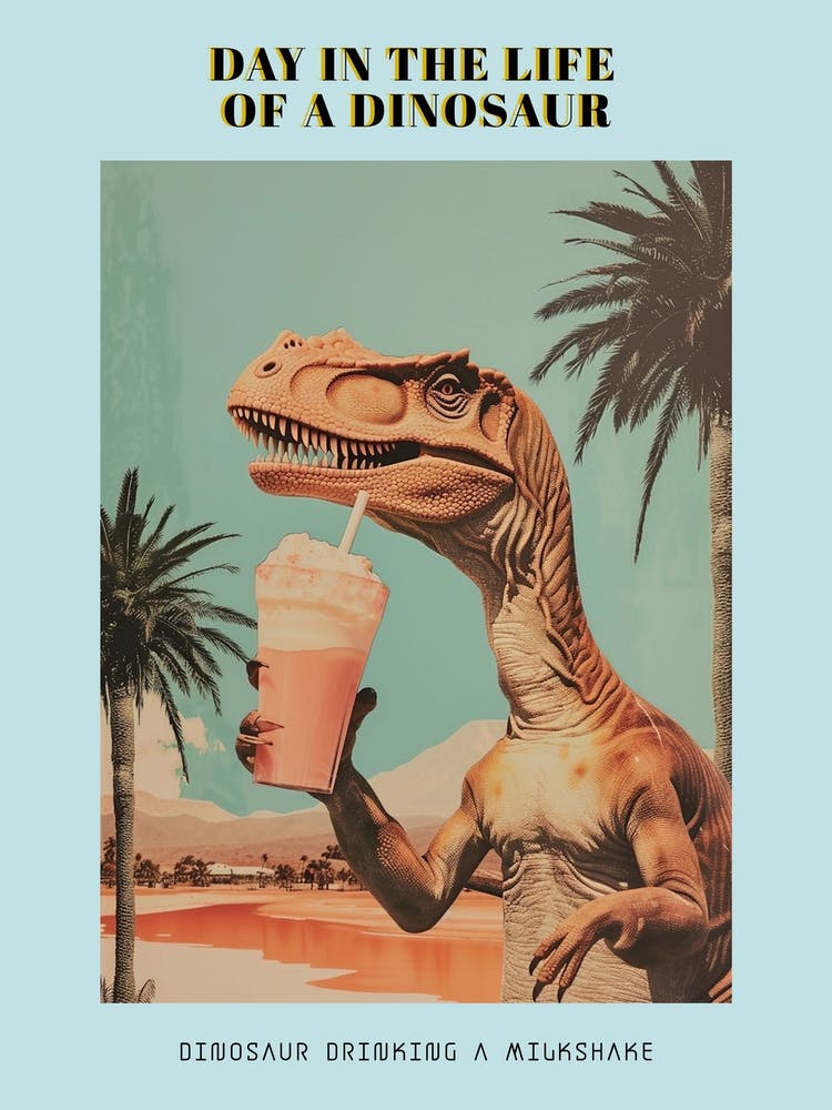 Dinosaure Buvant Un Milkshake Collage Rétro 2 Affiche