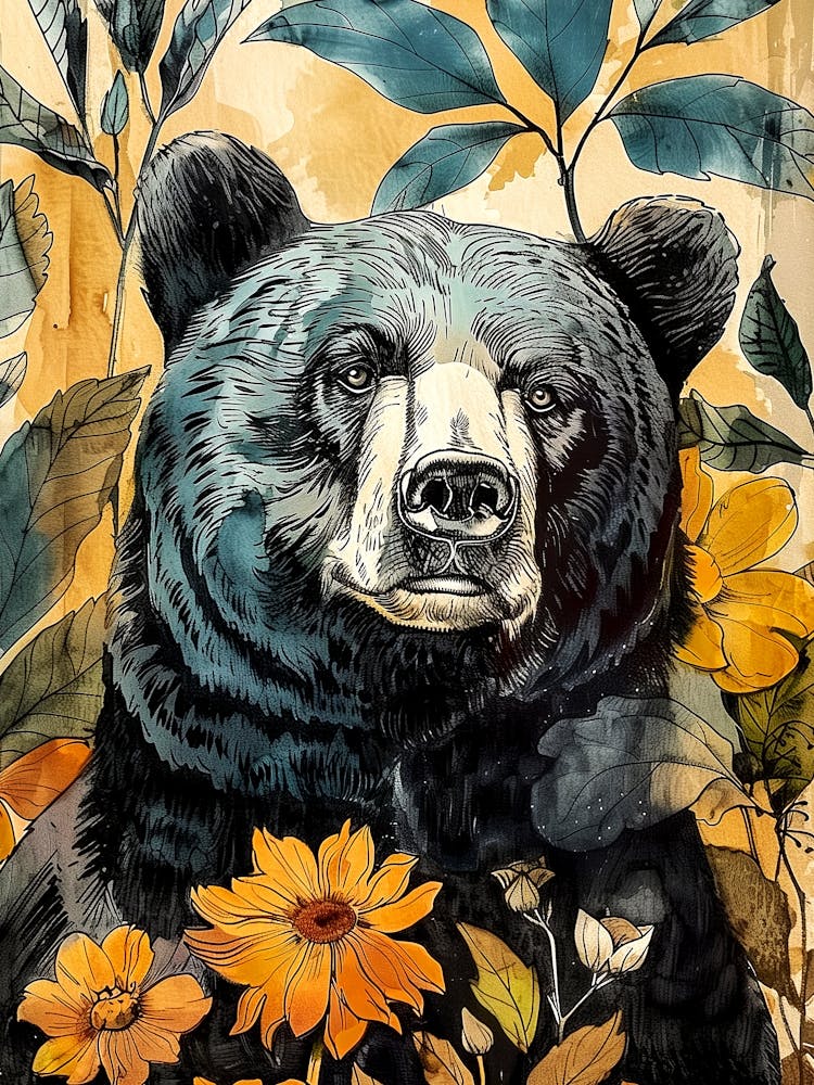 Black Bear With Flowers animal art 1
