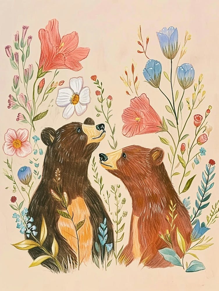 Folksy Floral Animal Drawing Bear