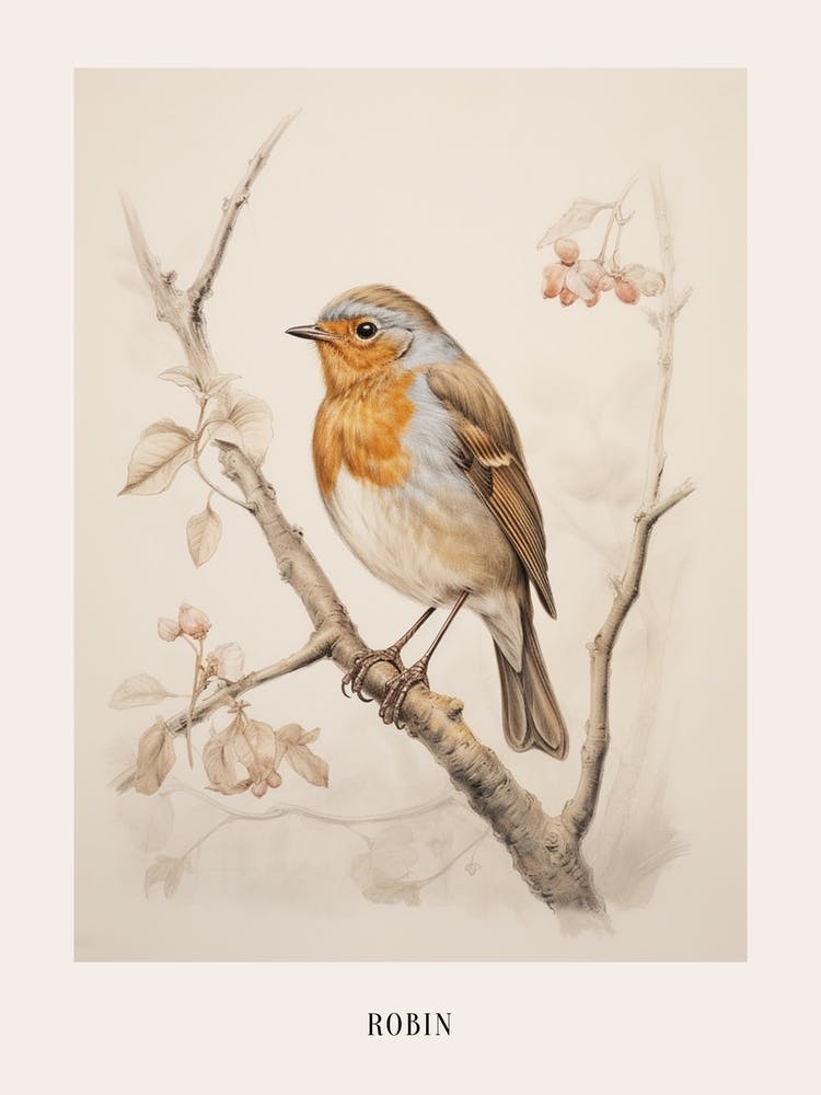 Vintage Bird Drawing Robin Poster