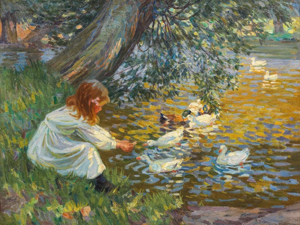 Playmates 1901 by Dorothea Sharp (Little Girl Feeding the Ducks) An impressionist style oil painting depicting two girls feeding ducks by a sunlit lake. Known for her vibrant use of color and light, Sharp captures a carefree, nostalgic moment. First shown at the Royal Academy, the original is now in a private collection.