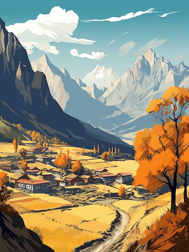 Annapurna Circuit Nepal 1 Vintage Travel Illustration