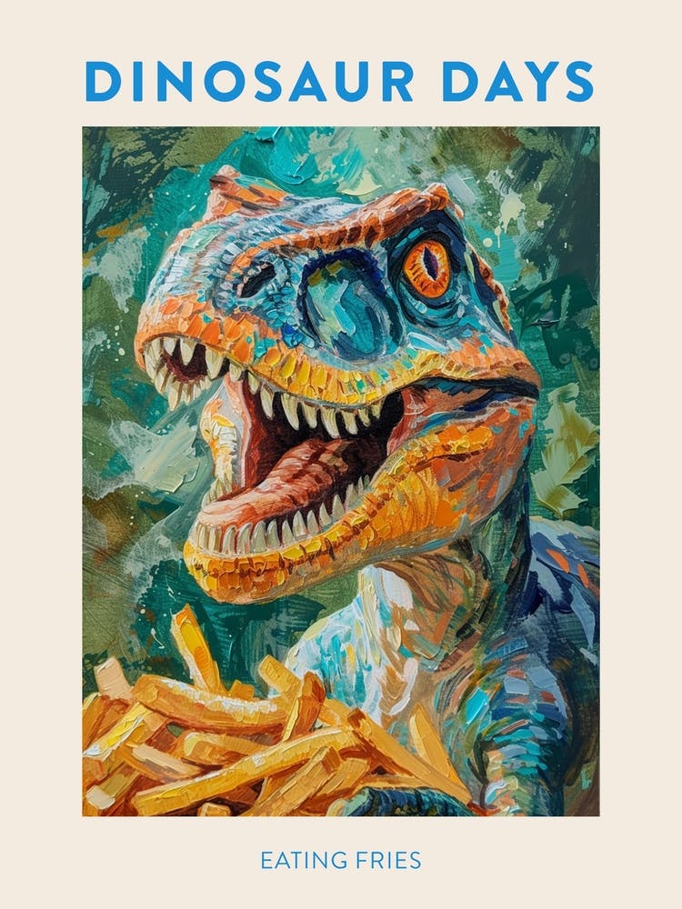 Dinosaur Eating Fries Blue Green Poster