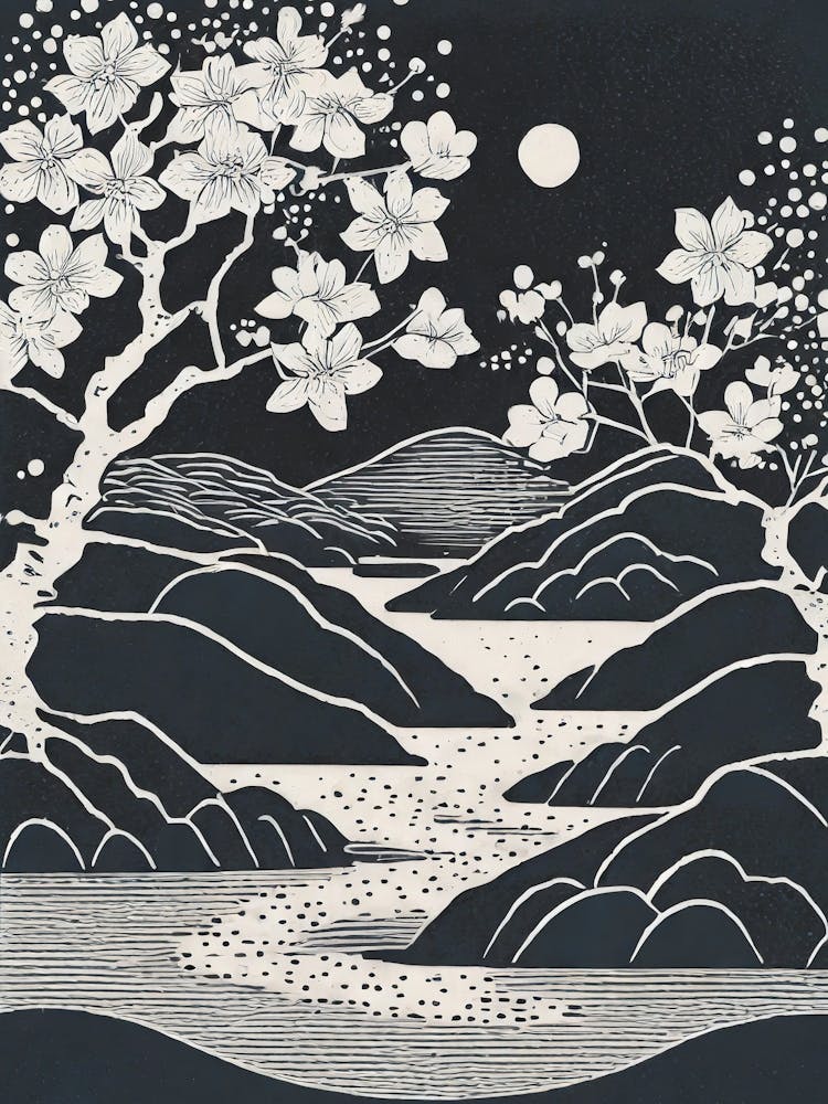 Cherry Blossoms In Full Bloom By A Gentle Stream Ukiyo-E Style