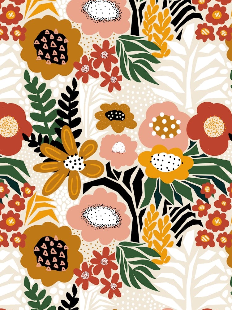 Paper Cut And Doodle Floral Collage Gold Red Green Peach