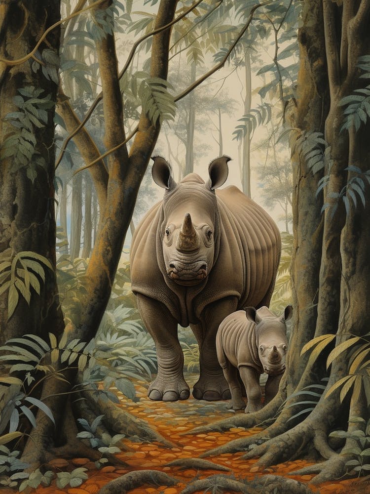 Rhino & Baby Rhino Exploring The Forest Realistic Illustration
