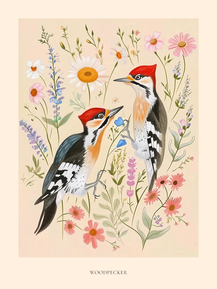Folksy Floral Animal Drawing Woodpecker Poster