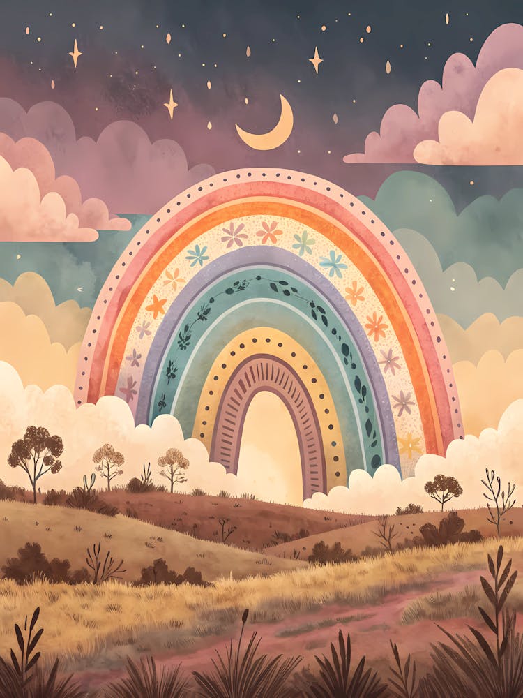 Boho Rainbow Landscape Celestial Sky & Meadow