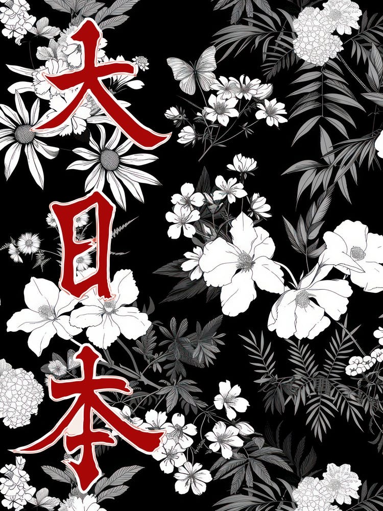 Great Japan Hokusai  Poster Monochrome Flowers 2