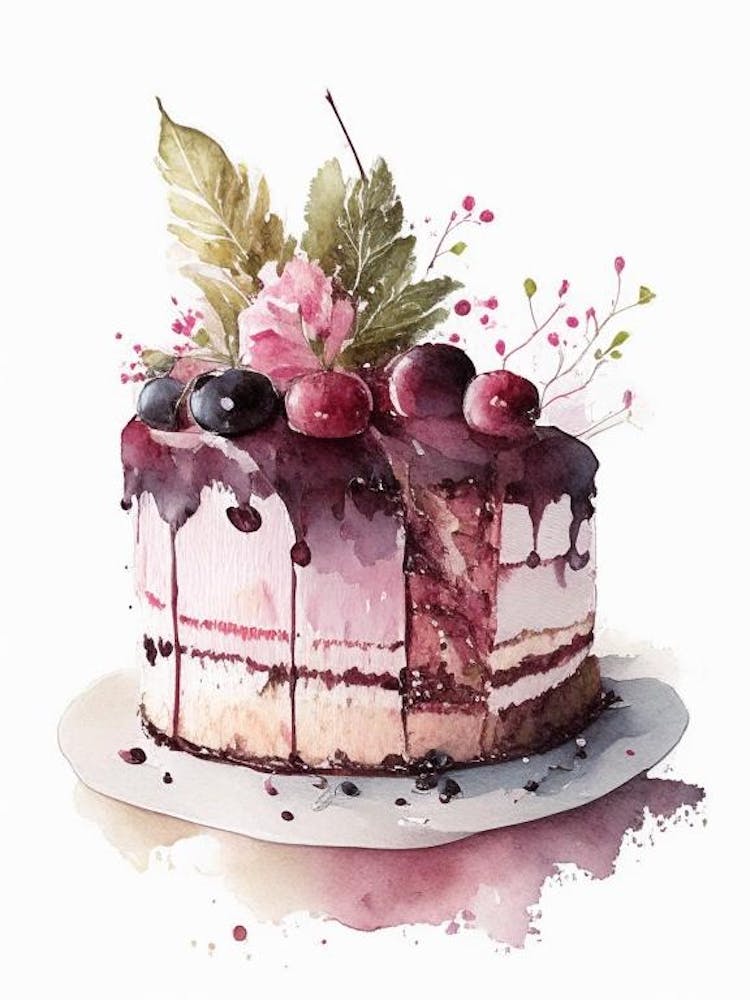 Black Forest Cake Dessert Gouache Flower
