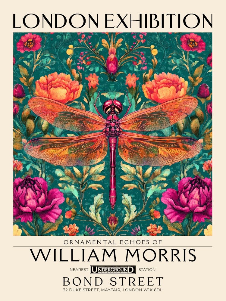 William Morris Dragonfly and floral artwork vibrant colors, insect and flower pattern Botanical vintage print, maximalist wall art living room boho decor, Floral tapestry Victorian style vintage decor 8