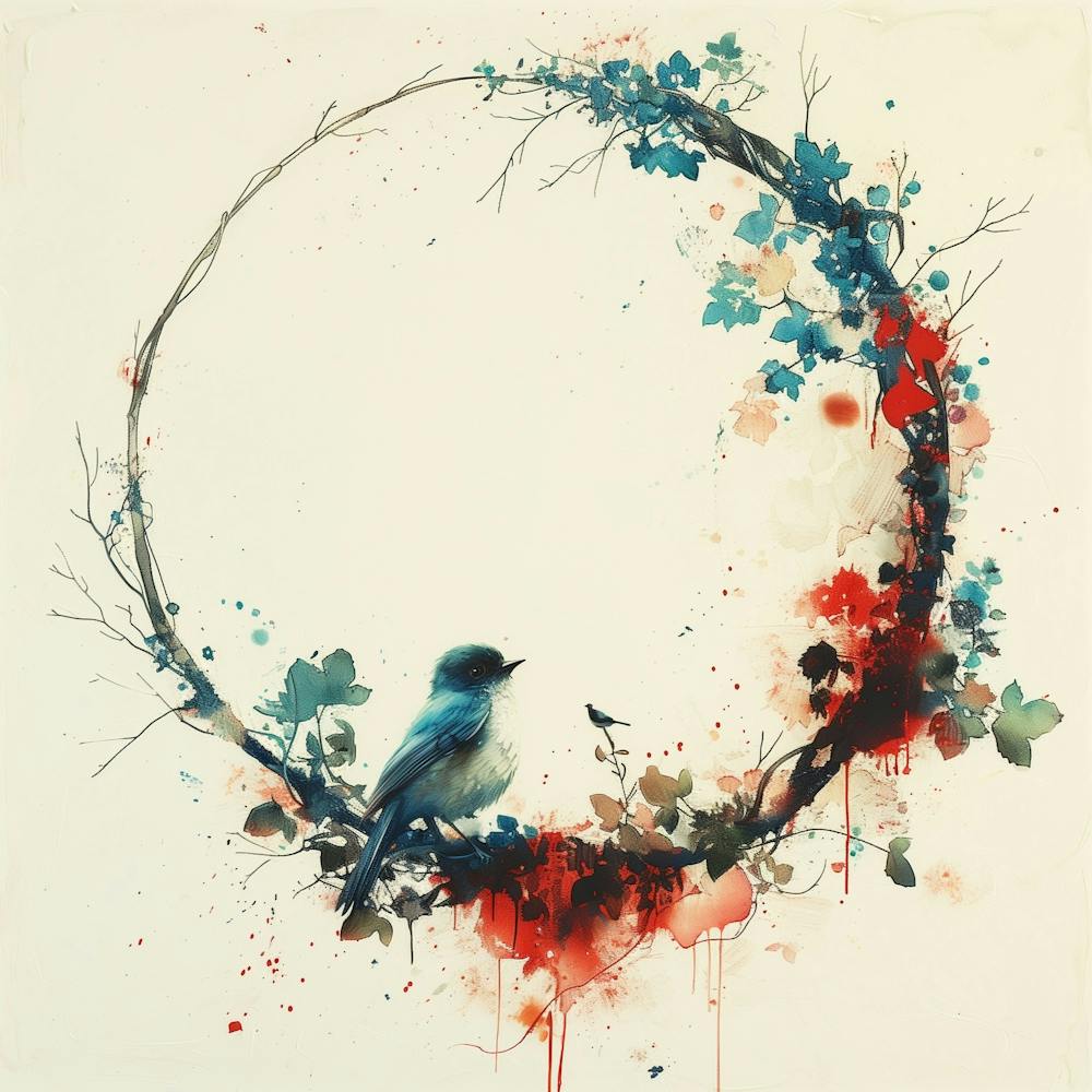 Spring Bird in Circular Floral Frame 2