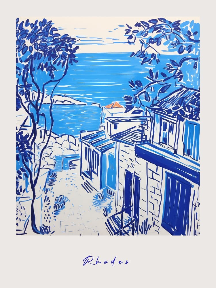 Rhodes Greece Mediterranean Blue Drawing Poster