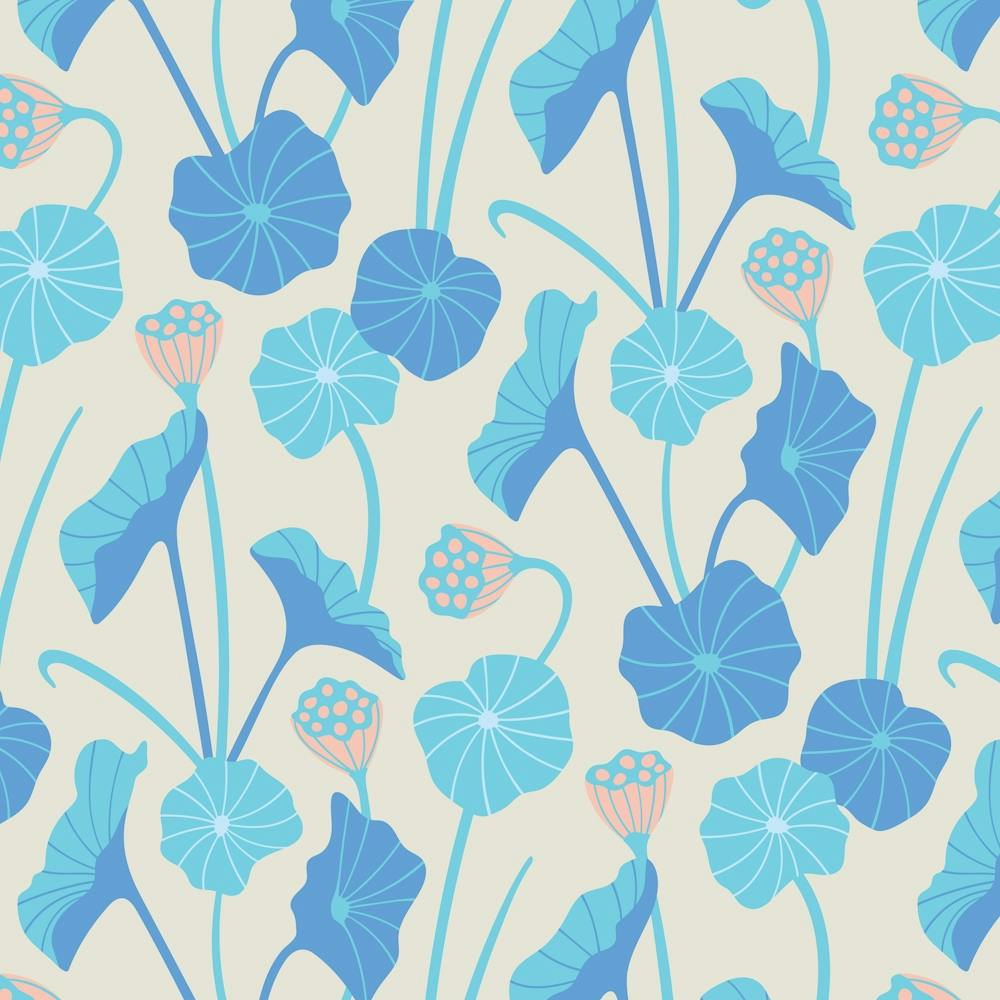 LOTUS POND Japanese Zen Buddhism Leaves Seed Pods Botanical in Blue White Blush