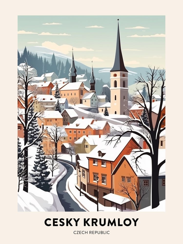 Vintage Winter Reiseposter Cesky Krumloy Tschechien 2