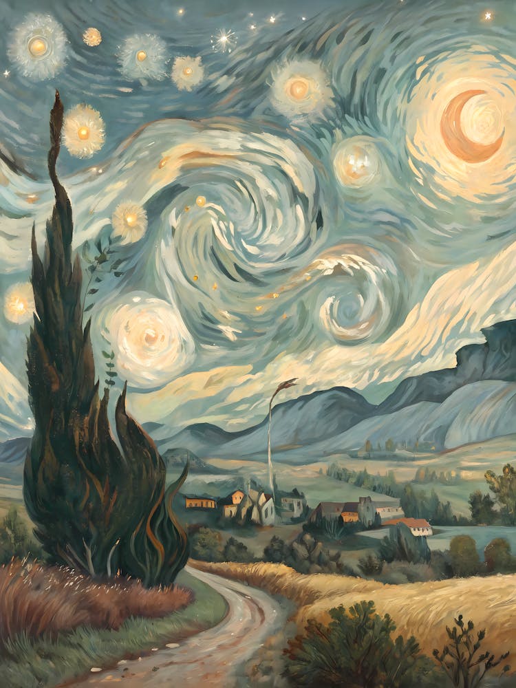 Van Gogh Starry Night Cypress & Village Landscape