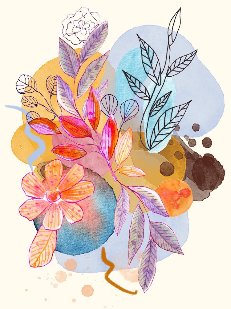 Watercolor Of Flowers And Leaves