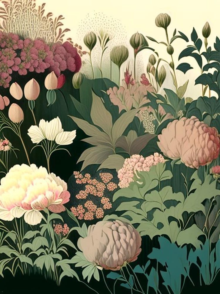 Mixed Perennial Beds Of Peonies 1 Vintage Sketch