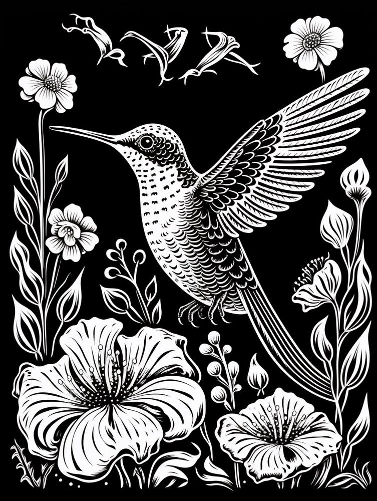 S/W Vogel Linolschnitt Kolibri 2