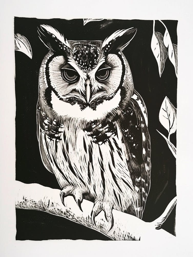 Collared Scops Owl Linocut Blockprint 1