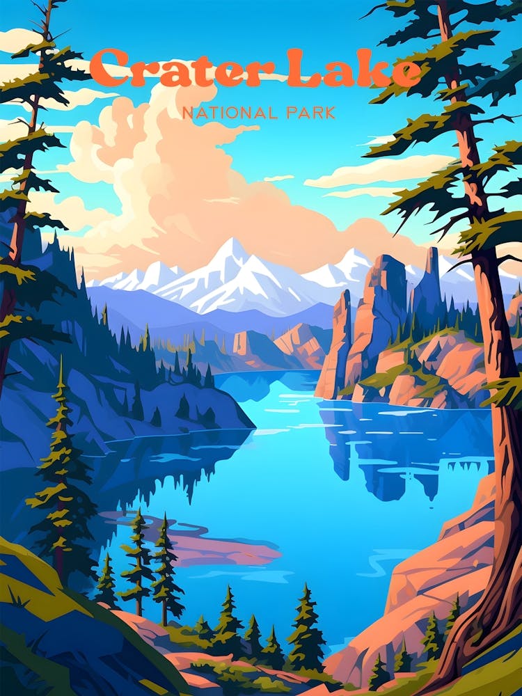 Crater Lake National Park Oregon Hiking Travel Illustration