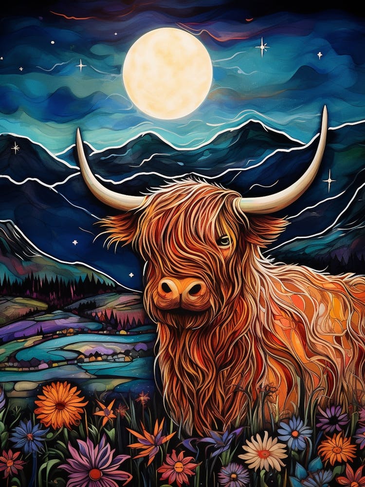 Colourful Illustration Of Highland Cow In The Moonlight