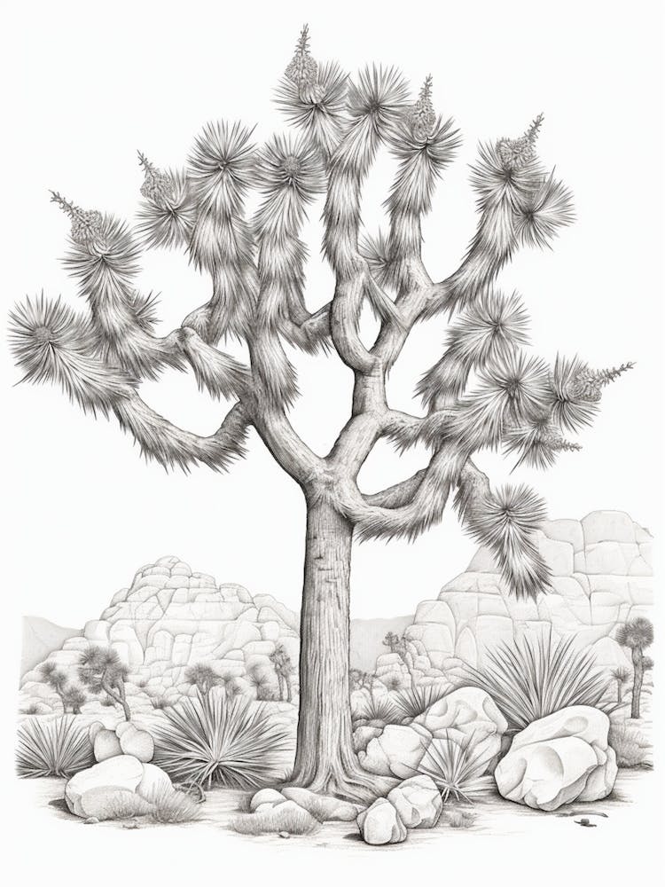 Detailed Drawing Of A Joshua Tree In The Style Of Jam 3