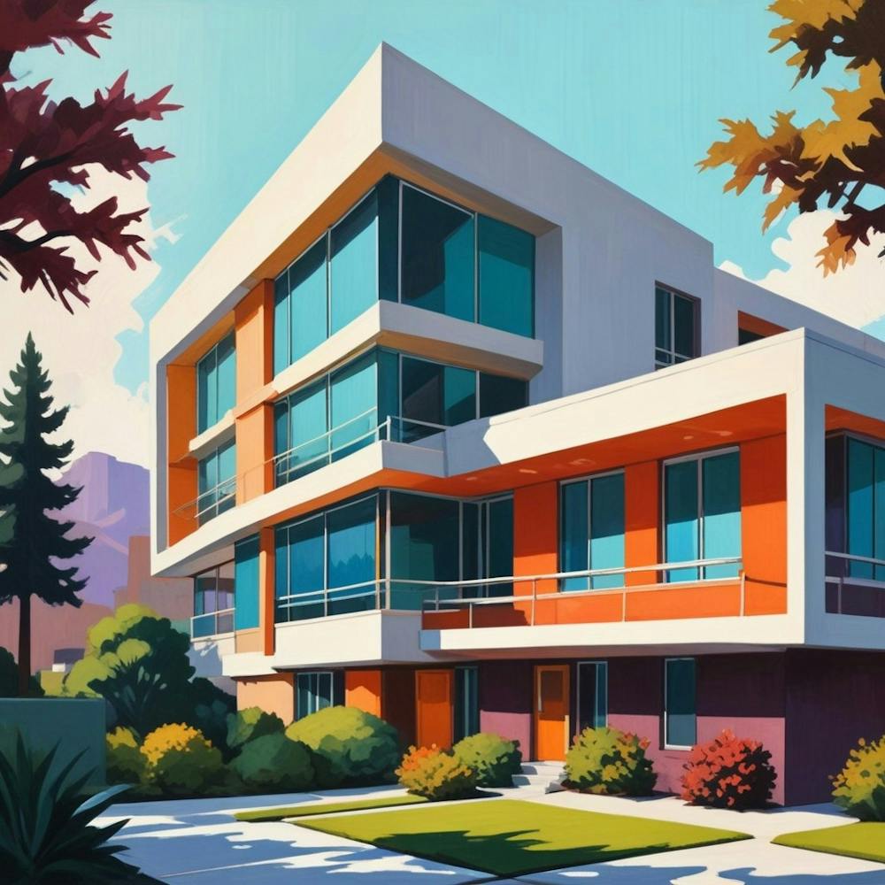 Graphic Illustration Of Mid Century Architecture With Sleek Lines And Vibrant Colors, Style Graphic Design 2