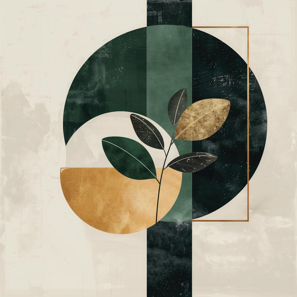 Golden Foliage: Abstract Geometric Composition in Green, Beige, and Neutral Tones