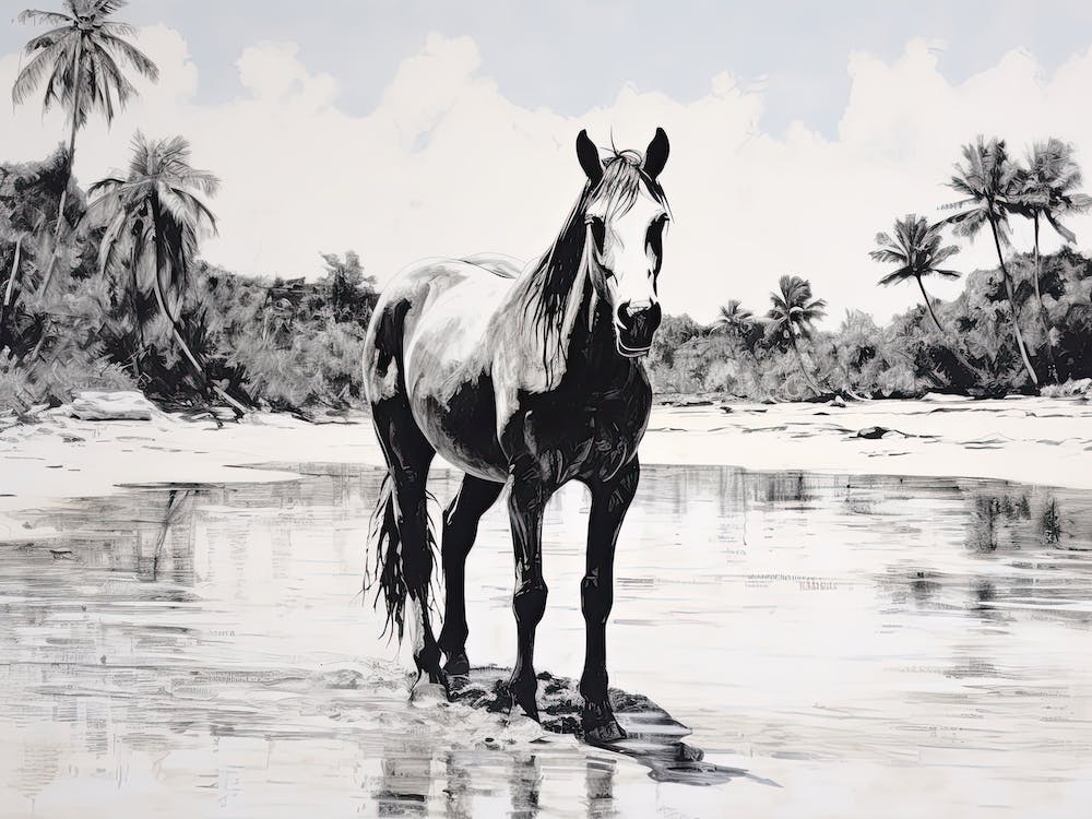 A Horse Oil Painting In Tulum Beach, Mexico, Landscape 1